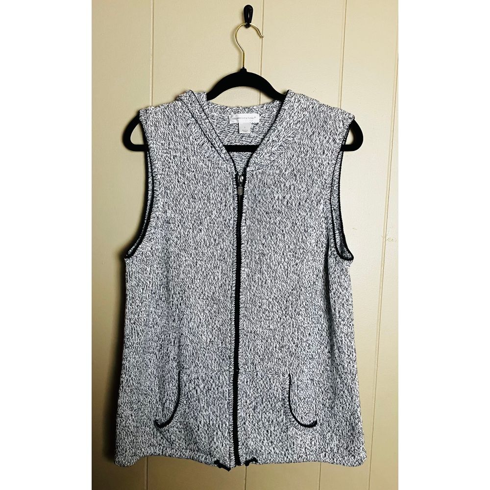 Christopher & Banks Full Zip Hooded Knit Vest Womens Size L  Hand Embroidered